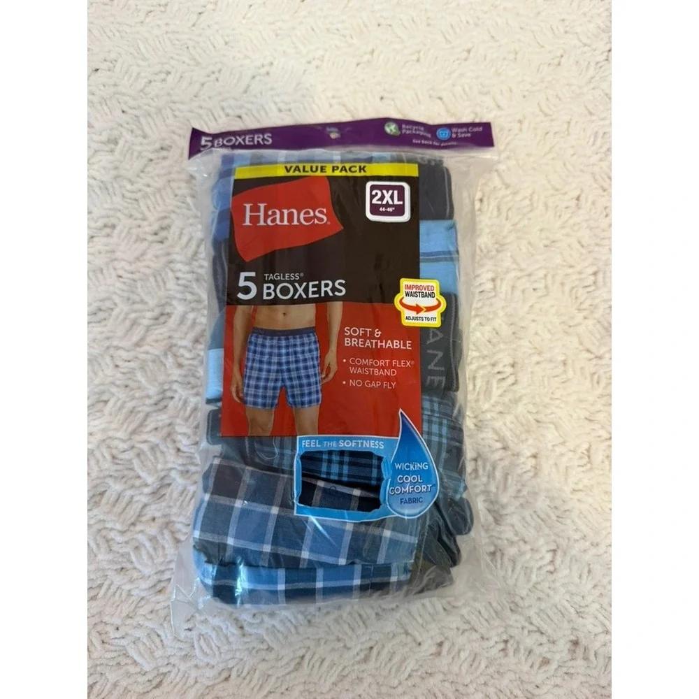 Hanes Mens 5 Pack Tagless Boxers 2XL Blue Plaid Comfort Flex Waistband
